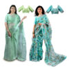 Women's Hand Printed Kota Doria Cotton Blend Saree Combo (Green & Blue)