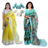 Women's Hand Printed Kota Doria Cotton Blend Saree Combo (Lemon-yellow & Blue)