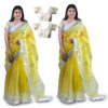Women's Hand Printed Kota Doria Cotton Blend Saree (Lemon-yellow)