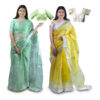 Women's Hand Printed Kota Doria Cotton Blend Saree Combo (Green & Lemon-yellow)