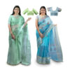 Women's Hand Printed Kota Doria Cotton Blend Saree Combo (Green & Blue)