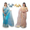 Women's Hand Printed Kota Doria Cotton Blend Saree (Blue & Mustard)