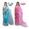 Women's Hand Printed Kota Doria Cotton Blend Saree Combo (Blue & Pink)