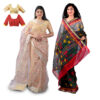Women's Hand Printed Kota Doria Cotton Blend Saree Combo (Mustard & Grey-black)