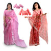 Women's Hand Printed Kota Doria Cotton Blend Saree Combo (Pink & Carrot-pink)