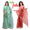 Women's Hand Printed Kota Doria Cotton Blend Saree Combo (Green & Carrot-pink)