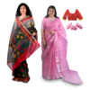 Women's Hand Printed Kota Doria Cotton Blend Saree Combo (Grey-black & Pink)