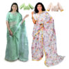 Women's Hand Printed Kota Doria Cotton Blend Saree Combo (Green & White)