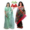 Women's Hand Printed Kota Doria Cotton Blend Saree Combo (Green & Grey-black)