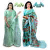 Women's Hand Printed Kota Doria Cotton Blend Saree Combo (Green & Blue)