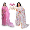 Women's Hand Printed Kota Doria Cotton Blend Saree Combo (Pink & White)