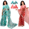 Women's Hand Printed Kota Doria Cotton Blend Saree Combo (Blue & Carrot-pink )