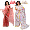 Women's Hand Printed Kota Doria Cotton Blend Saree Combo (Carrot-pink & White)