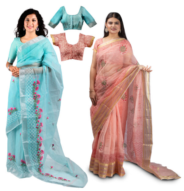 Women's Embroidered & Printed Kota Doria Cotton Blend Saree Combo (Blue & Carrot-pink)