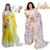 Women's Hand Printed Kota Doria Cotton Blend Saree Combo (Lemon-yellow & White)